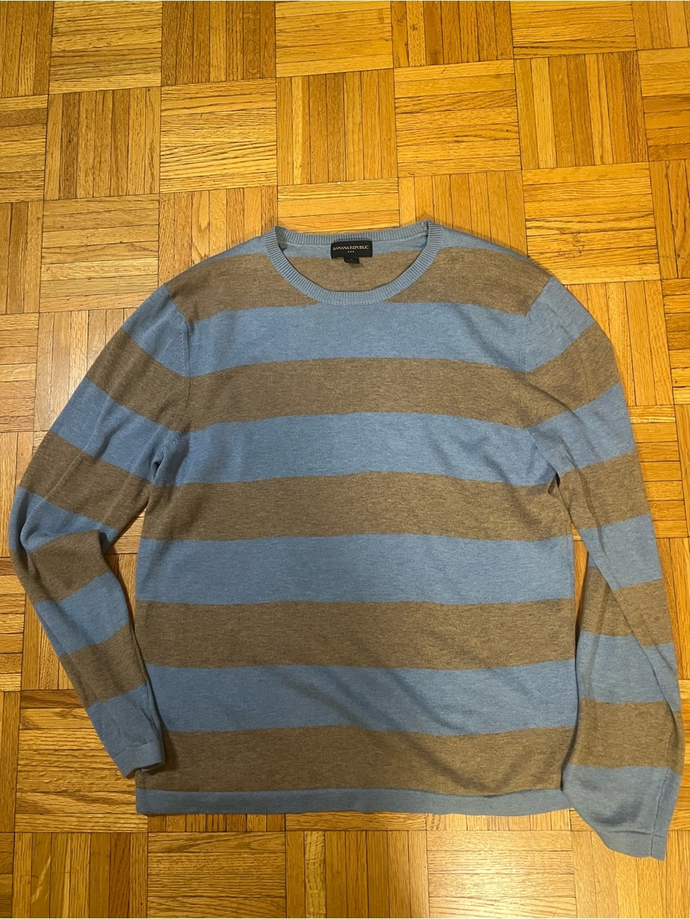 Preppy Earthy Banana Republic Blue and Brown Striped Crewneck Sweater medium